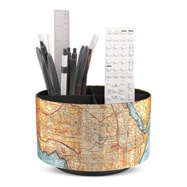 Hennaja Round Leather Art Supply Organizer,Remote Control Holder,360 Degree Rotating,Multi-Functional Pencil Holder,4 Compartments Desktop Stationary Organizer(1-Vintage Map)