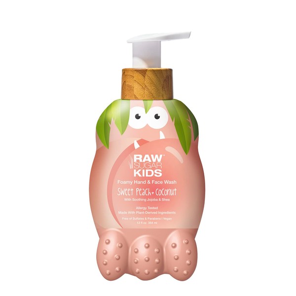 RAW SUGAR Kids Sweet Peach + Coconut Foamy Hand & Face Wash 12 oz Each (Pack of 2) + Loofah