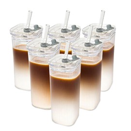 KEMORELA 6 Sets Glass Cups with Lids & Straws, Square Ribbed Drinking Glasses with Lids, Clear Highball Tumblers for Cocktail, Coffee, Juice, Beer, Modern Mixed Drinkware Jars