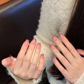 Wsliana Handmade Press On Nails Short- Cute Square Shape with 3D Charm Design, 10pcs Glue On Acrylic Fake Manicure with Storage Box (029, M)