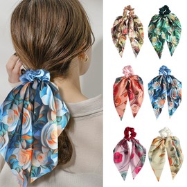 Girlssory Hair Scarf Hair Scrunchies with Ribbon Chiffon Floral Hair Scarves Boho Elastic Floral Bow Ponytail Vintage Accessories for Women (Yellow)