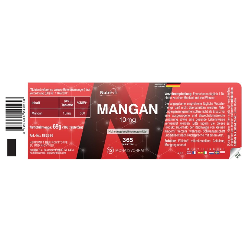 Manganese 10mg - 365 Tablets - Trace Element for Connective