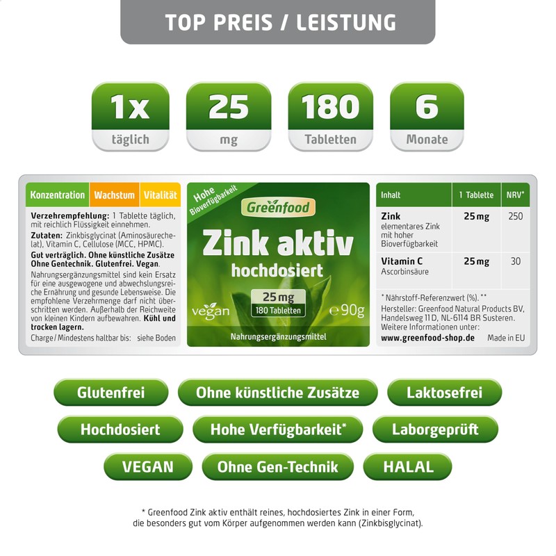 Active, 25 mg, Hochdosiert Zinc Tablets, Vegan – High Organic