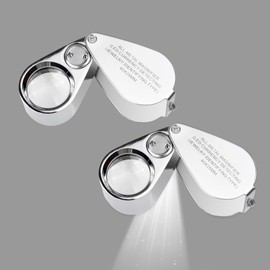 40X Illuminated Jeweler LED UV Lens Loupe Magnifier with Metal Construction and Optical Glass, with Kare and Kind Retail Package (40X x 25 mm, Silver)- 2pcs