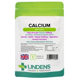 Lindens Calcium 400mg Tablets with Vitamin D3-100 Tablets - Contributes to Normal Muscle Function, Bones, Teeth and Digestion - 50 Days - UK Manufacturer, Letterbox Friendly