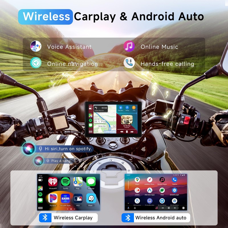 Podofo Wireless Carplay Screen 7 Inch for Motorcycle Portable CarPlay