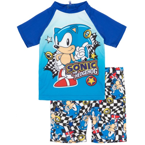 Sonic The Hedgehog Boys Swimming Costume | Kids 2 Piece T-Shirt Shorts Character Race Checkers Swimsuit - 4-5 Years
