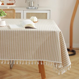 meioro Tablecloths Striped Tassel Table Cloth Rectangular Tablecloth Cotton Linen Table Cover Suitable for Home Kitchen Decoration (Apricot/White Stripes, 140×300cm)