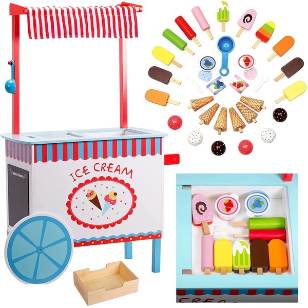 Ice Cream Cart Kids Pretend Play Stand - Premium Wood 33+ Pc Realistic Wooden Toy Set w Money Box, Chalkboard, 30+ Icecream Accessories Like Popsicles, Cones & Unique Flavors, Role Play for Girls Boys