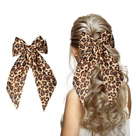 LLMSIX Leopard Satin Hair Bows, Big Leopard Bow Hair Clips with Long Tail, Women & Girls Ponytail Hair Accessories, 1 Count (Pack of 1)