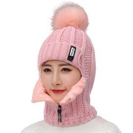 WANYIG 2 in 1 Winter Knitted Hat Scarf Hat Set Winter Hat Beanie Women's Warm Loop Knitted Scarf Windproof Cap with Fleece Lining 55-60 cm, pink