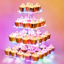 Cupcake Stand for 50 pcs Cupcakes, Tiered Cupcake Tower, 4 -Tier Cupcake Display Stand with Colorful Led Light, Acrylic Cupcake Holder for Bar Party Décor Wedding Birthday Christmas