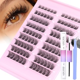 PHKERATA Wispy Cluster Lashes Natural Individual Eyelashes Kit with Bond and Seal and Tweezers 108Pcs Lash Extension Kit C Curl Natural Eyelash Clusters (0.07D, 8-16MM)