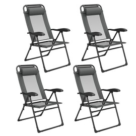 Giantex Set of 4 Patio Folding Chairs, Portable Outdoor Dining Chairs with 7-Level Adjustable Backrest, Headrest, Metal Frame, Outside Recliner for Front Porch Camping Picnic Lawn Garden, Dark Gray