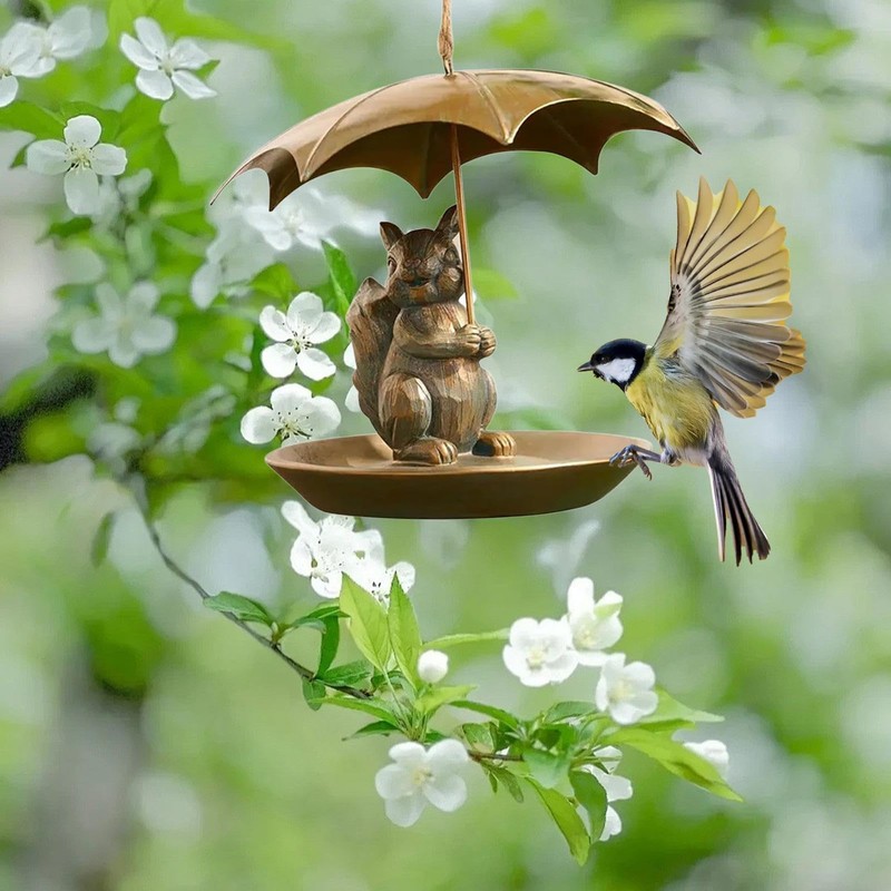 Animal Squirrel Bird Feeder with Umbrella, Outdoor Squirrel Holding Umbrella