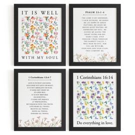 DSHFG Scripture Wall Art Christian Wall Decor, Flower Wall Art Christian Home Decor, It Is Well with My Soul Christian Wall Art Prints Set of 4, Christian Decor for Bedroom Bathroom, 8x10 Unframed
