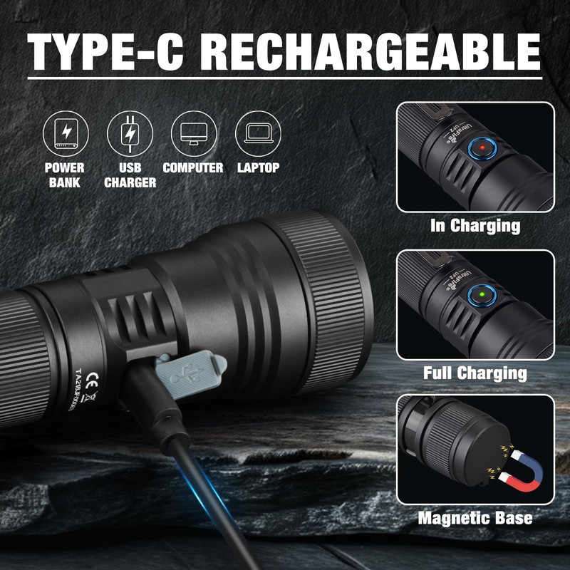 ULTRAFIRE 1500 Lumens Rechargeable Flashlight, Ultra-Bright, Zoomable & Magnetic, 5