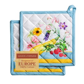 Maison d' Hermine Hot Pads 100% Cotton Set of 2 Pot Holders with Loop Heat Resistant Potholders, Grilling, Microwave, Barbeque, Handling Hot Pans, Giverny - Spring/Summer (8"x8")