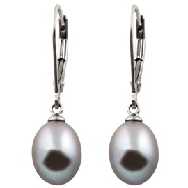 Splendid Pearls 925 Sterling Silver 8mm Genuine Pearls Freshwater Cultured Lever-back Dangling Earrings for Women (Grey)