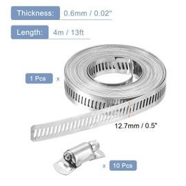 sourcing map 304 Stainless Steel Hose Clamps, Cut-to-Fit 13 ft Metal Strap + 10 Stronger Fasteners Kit, Adjustable Worm Gear Band Hose Clamps for DIY Intercooler Pipe Plumbing Tube Fuel Line
