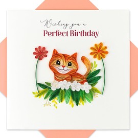 EcoLeafy Dot Cat Birthday Card - Quilled Tabby Cat Birthday Card for Women - Blank Inside for Personalization - 6x6 Handmade 3D Paper Art Design with Luxury Soft Peach Envelope (Orange Tabby)