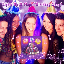 FITMITE Birthday Cards, LIGHTS & SOUND Pop up Happy Birthday Card Birthday Gifts for Women Men Husband Wife Kids Greeting Cards With Envelopes, Purple