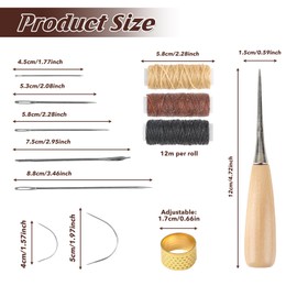 12PCS Leather Sewing Needle 12m Waxed Thread Kit Hand Sewing Needles Cord Drilling Awl Thimble Curved Needle for DIY Leather Repair Hand Stitching Embroidery Bookbinding