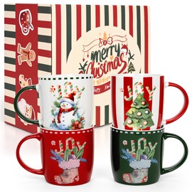 Homlouue Christmas Mugs Set of 4, Christmas Coffee Mugs with Festival Design, Christmas Gifts for Family Friends, Merry Christmas Mugs with Snowman Christmas Tree Stocking, Holiday Decor, 11 Oz