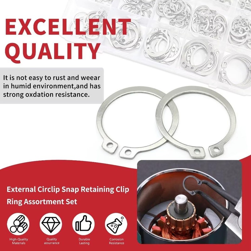 225Pcs External Retaining Rings Snap Rings Assortment Kit, 304 Stainless