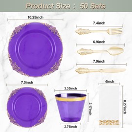 Bestluck 350PCS Clear Purple Plastic Plates for 50 Guests, Disposable Plates with Gold Trim include 50 Dinner plates, 50 Dessert Plates, 150 Gold Silverware, 50 Cups, 50 Napkins for Wedding & Party