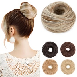 Benehair Hairpiece with Elastic Band, Bun Hairpiece, Hair Scrunchie with Hair, Synthetic Hair Extensions, Messy Bun for Women and Girls (Sand Blonde with Bleach Blonde, 55 g)