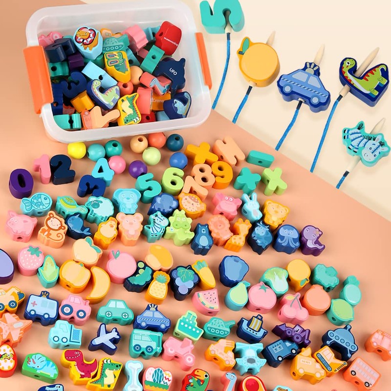 Sizkii 3+ Years Old Wooden String Lacing Beads Blocks for