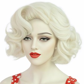 ANOGOL Hair Cap+ White Curly Wig Women Short Blonde Wig Cosplay Big Wavy 80s Flip Wigs Blonde Wavy Bob Wigs White Synthetic Hair Halloween Party Costumes Classic Outfit