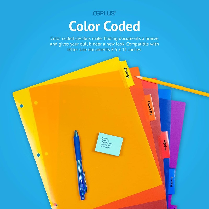 OS Plus 5-Tab Plastic Binder Dividers, Insertable Multicolor Big Tabs,