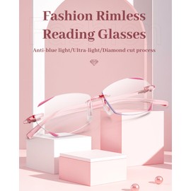 LUFF Rimless Reading Glasses for Women Blue Light Blocking,Stylish Lightweight Frameless Computer Readers Anti Eyestrain, Diamond Cut Edge Lens(1.0X)