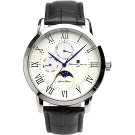 Salvatore Mara SM21106-SSWH Men's Wristwatch, Moon Phase, Multi Calendar, Waterproof, 5 ATM, Business & Formal Watch, Leather Strap, Silver, red, Classic