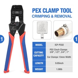 iCrimp PC-PC02KIT PEX Clamp Crimping Tool Kit with 1/2 inch(20 Pack) and 3/4 inch(10 Pack) PEX Clamp Rings, Pipe Cutter for PEX and Automotive Clamp Cinch and Removal