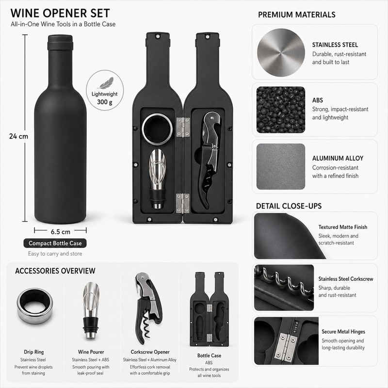3/5-Piece Wine Opener Accessory Set – Stainless Steel Corkscrew, Foil