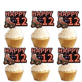 18pcs Red Glitter Neon Light Happy Birthday 12 Roller Skates Dessert Cupcake Topper Pick for 80s 90s Retro Hip Hop Roller Skating Theme Decor Supplies Boys Girls Happy 12th Birthday Party Decorations