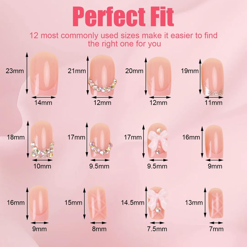 24Pcs Diamond Stick on Nails Set, Pink Square Fake French