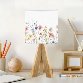 OEPWQIWEPZ Tripod Bedside Desk Table Lamp Watercolor Floral Seamless Border Hand Frame Green Leaves Wildflowers Wood Nightstand Lamp with Linen Fabric Shade for Nursery Bedroom Living Room Kids Room