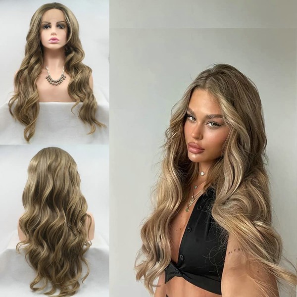Natural Wig for Women Blonde Long Synthetic Lace Front Wavy Smoky Blonde Mixed Color Party Cosplay Daily Wear Hairstyle 26"