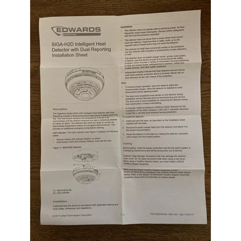 EDWARDS SIGA-H2D Intelligent Fixed Temp Heat Detector W/ Dual Reporting