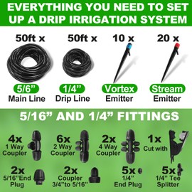 Drip Irrigation System Kit, Premium Irrigation System with 5/16" and 1/4" Irrigation Tubing and Barbed Fittings for Garden and Raised Beds, Plant, Greenhouse, Yard, Lawn