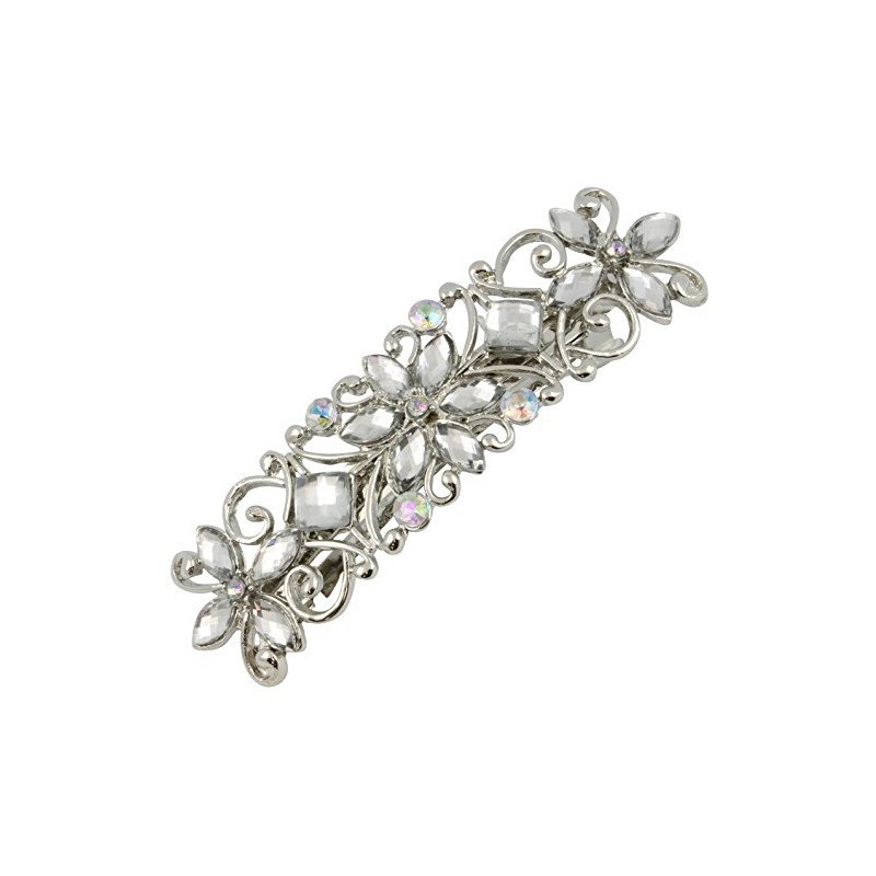 Large Diamante Flower Silver Barrette Hair Clip