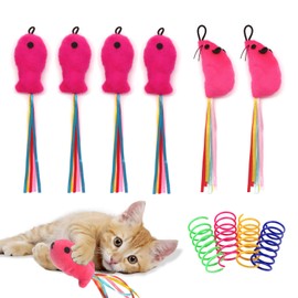 BaiKevin 6 Pcs Fish and Mice Catnip Toys Plush Filled, Premium Cat Wand Toy Accessories with Ribbons, Interactive Catnip Toys for Indoor Cats Kitten Exercise, with 4 Pcs Cat Springs