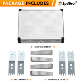 SpeTool Slab Clamping Dogs Kit with Aluminum Case - 4pcs High-Elasticity Steel Clamping & 4 Aluminum Wedges, Reusable Steel Slab Flattening Dogs for Router Sled, CNC, Woodworking