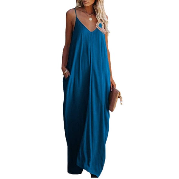 Boho Long Dress for Women Strappy Loose V Neck Maxi