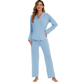 LUBOT Womens Bamboo Viscose Pajamas Set 2PC PJs Set for Women Buttery Soft Button-Down Two Piece Cozy Night Suit Sleepwear Loungewear (Baby Blue, 2XL)