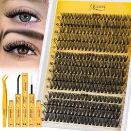 QUEWEL Einzelne Wimpern, 280 Stück 30+40+50D Wimpernverlängerung, gemischte Längen 10–16 mm, dicke Wimpernbüschel mit Kleber und Wimpernpinzette, einfaches Selbermachen zu Hause (30+40D Kit)
